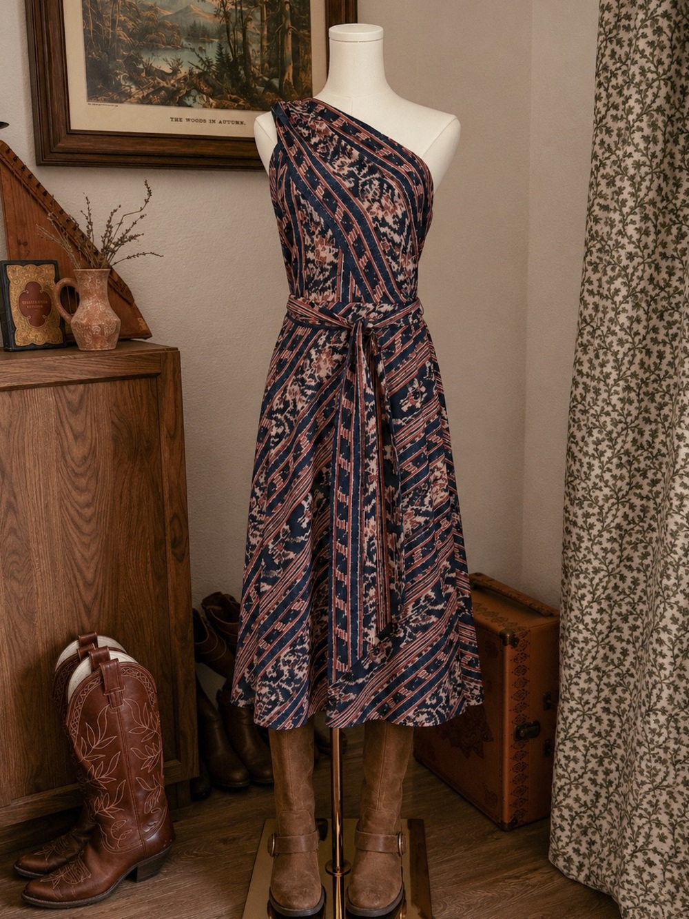 NWT Lauren Ralph Lauren One Shoulder Midi Dress Size 14 Ikat Print Belted